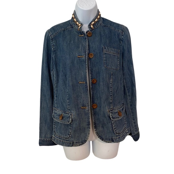 SIGRID OLSEN BOHO DENIM JACKET STRUCTURED WITH WOOD BEADS EMBROIDERED SIZE SMALL - Picture 13 of 16